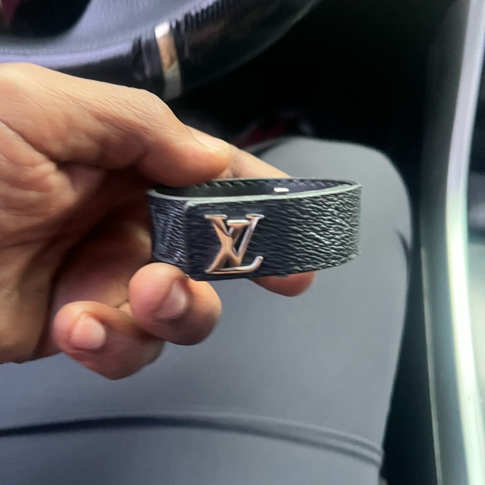Louis Vuitton Black Leather Bracelet with Silver Logo